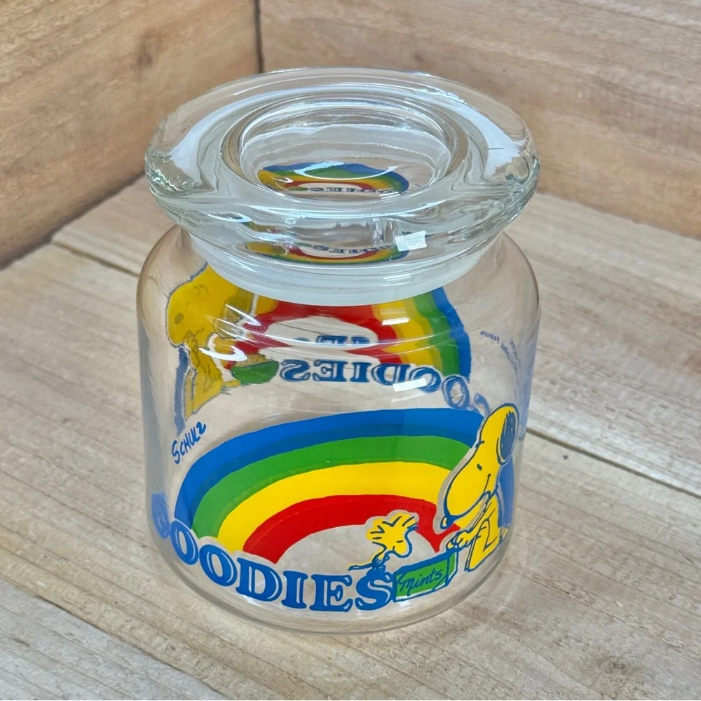 Vintage 1958 1965 Peanuts SNOOPY WOODSTOCK Glass Goodies Candy Jar with Lid - Picture 2 of 6